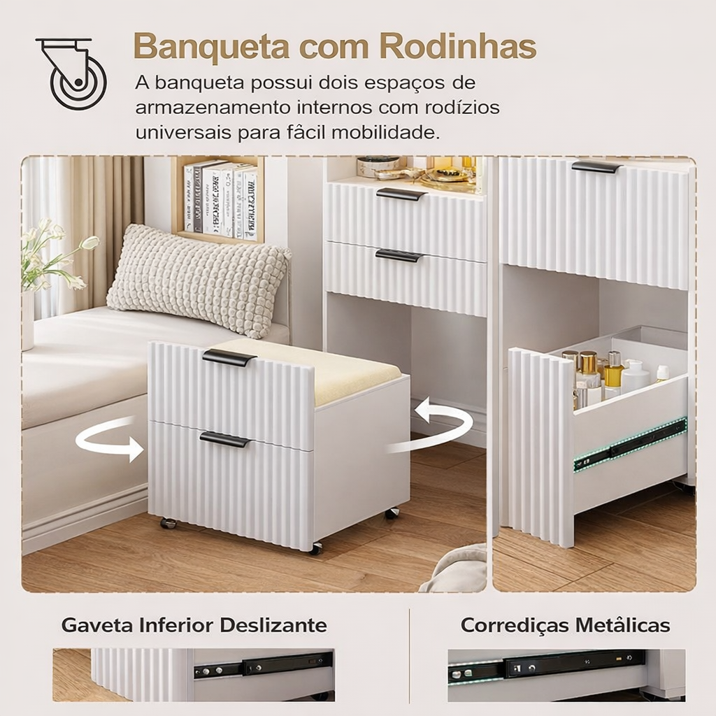 Penteadeira Compacta 3 em 1 com Espelho Iluminado