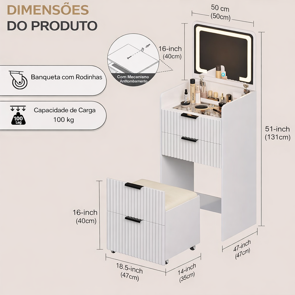 Penteadeira Compacta 3 em 1 com Espelho Iluminado