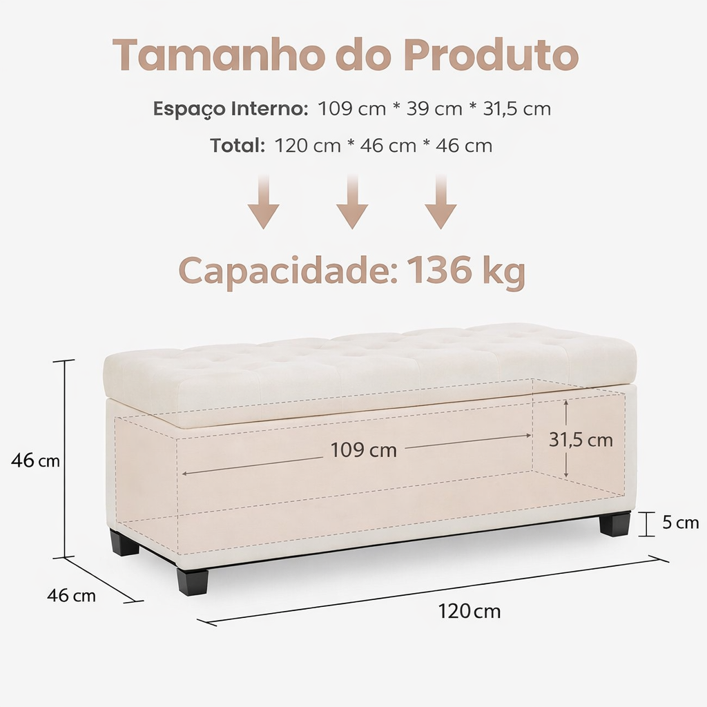 Banco Estofado com Baú e Tampa Ideal para Quarto e Sala