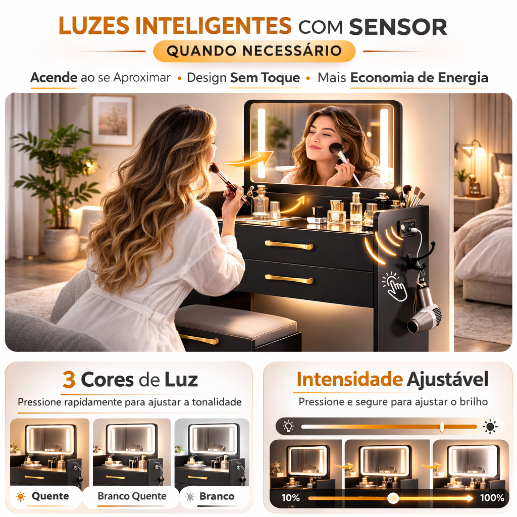 Penteadeira Compacta 3 em 1 com Espelho Iluminado