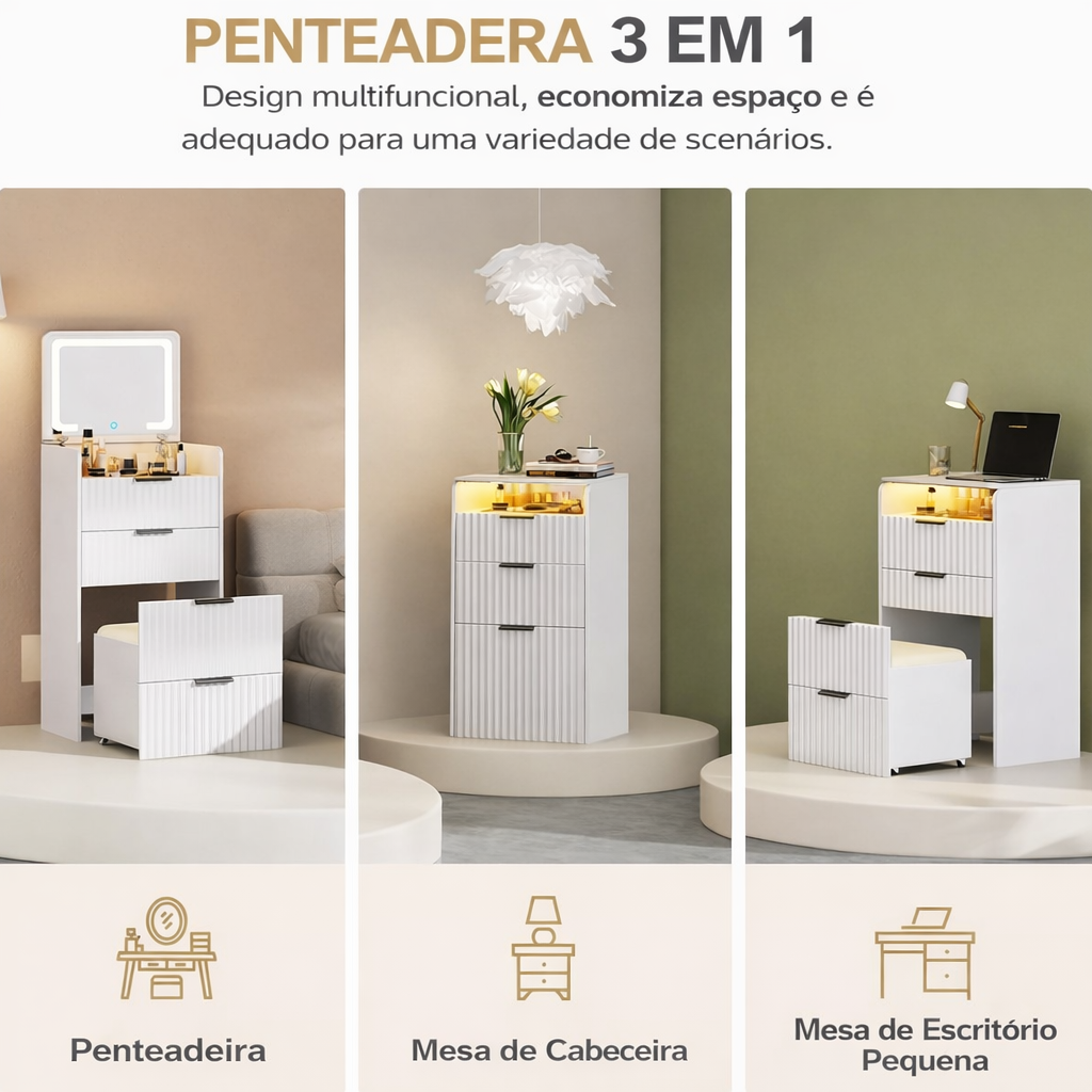 Penteadeira Compacta 3 em 1 com Espelho Iluminado