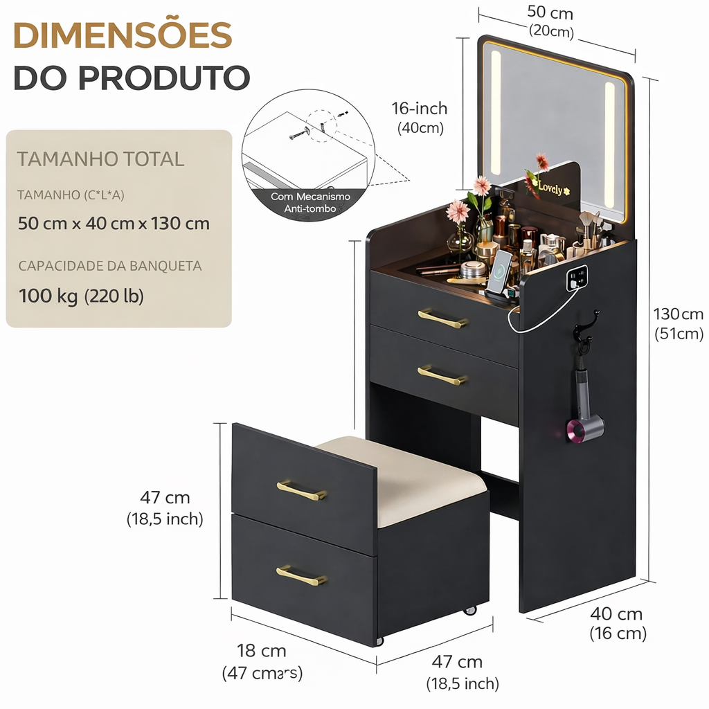 Penteadeira Compacta 3 em 1 com Espelho Iluminado