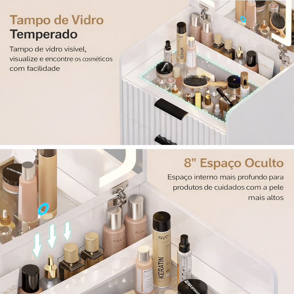 Penteadeira Compacta 3 em 1 com Espelho Iluminado