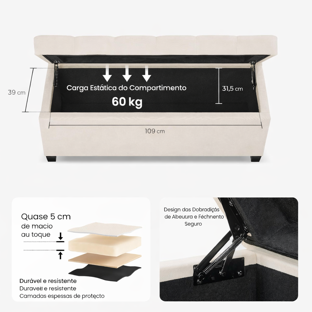 Banco Estofado com Baú e Tampa Ideal para Quarto e Sala