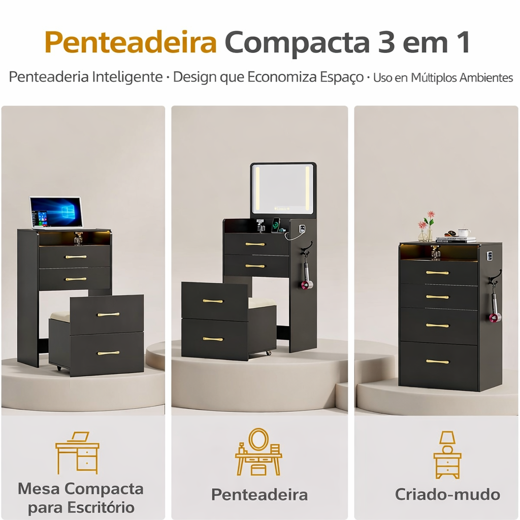 Penteadeira Compacta 3 em 1 com Espelho Iluminado